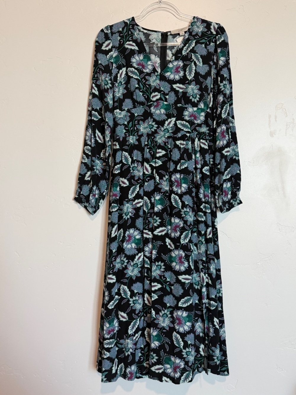 LOFT Floral Midi Dress Size 2 Black Long Sleeve V-Neck Boho